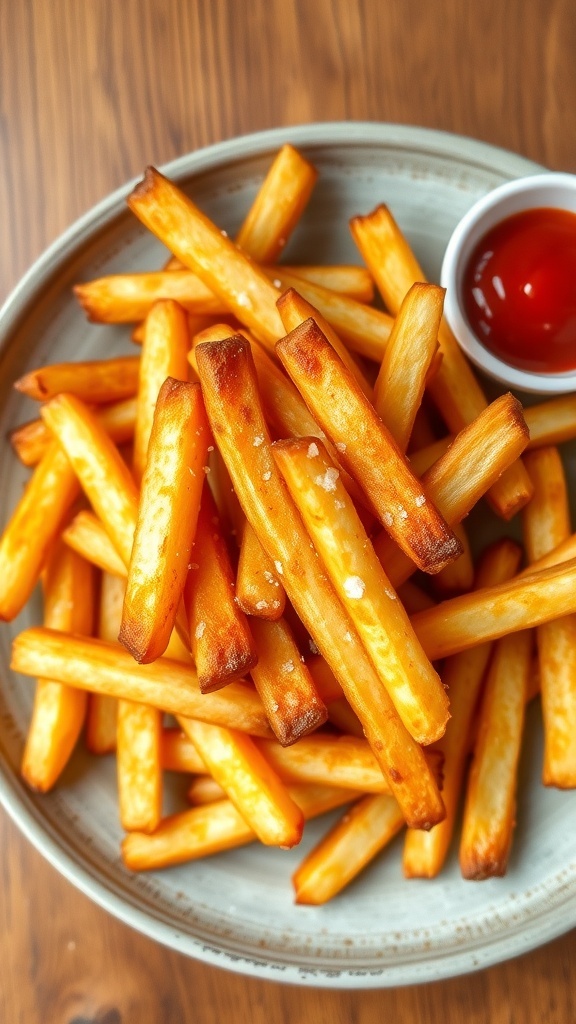 Crispy Air Fryer French Fries Reheating Guide Crispy reheated French fries in a bowl with ketchup on a wooden table.